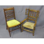 CHILD'S VINTAGE SPINDLEBACK ARMCHAIR and a mahogany side chair, 75cms H, 46cms W, 30cms seat depth