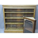 VINTAGE OAK REEDED BOOKCASE and small wall hanging corner display cabinet, 114cms H, 122.5cms W,