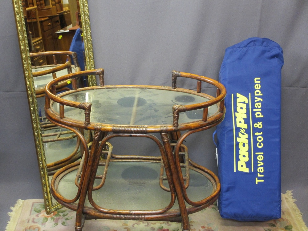 MIXED PARCEL OF HOUSEHOLD GOODS including a two-tier bamboo glass top tea trolley, gilt framed