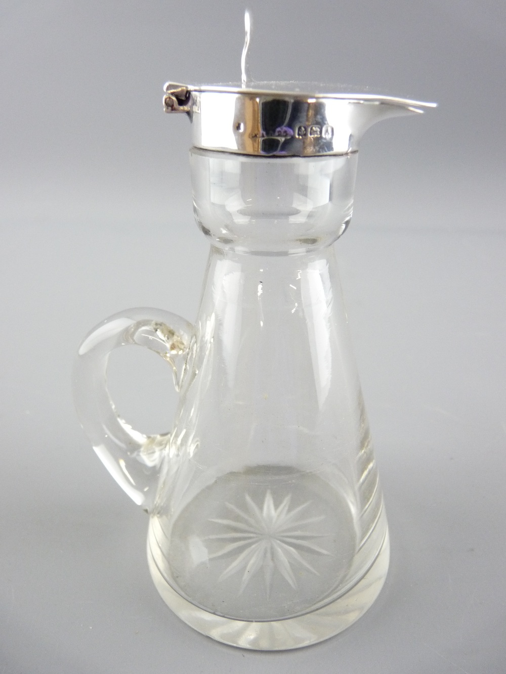 SILVER AND CUT GLASS WHISKEY NOGGIN with hinged lid and star cut base, 1925 Birmingham, S.Blankensee