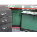 TWO MODERN WALL MOUNT DISPLAY CASES with glass shelving and a three drawer wheeled office chest,