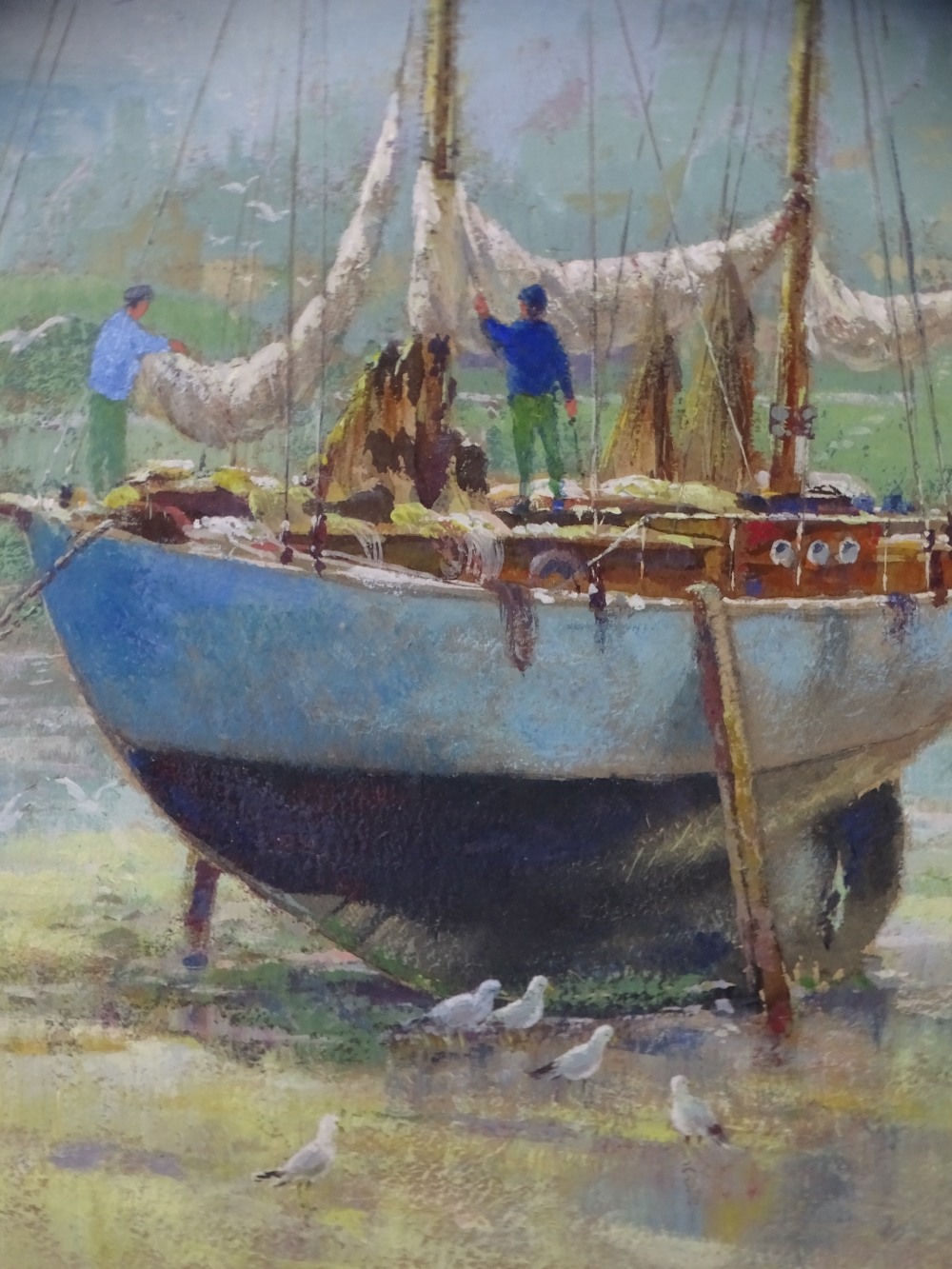 STANLEY COOK mixed media - men working on a yacht, 30 x 20cms