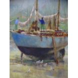 STANLEY COOK mixed media - men working on a yacht, 30 x 20cms
