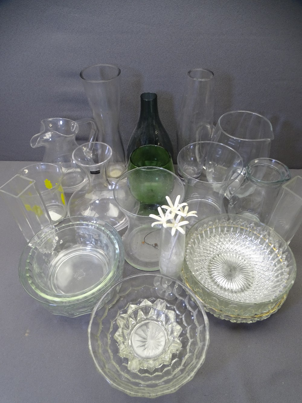 GLASSWARE VASES, JUGS and bowls ETC, a quantity in two boxes