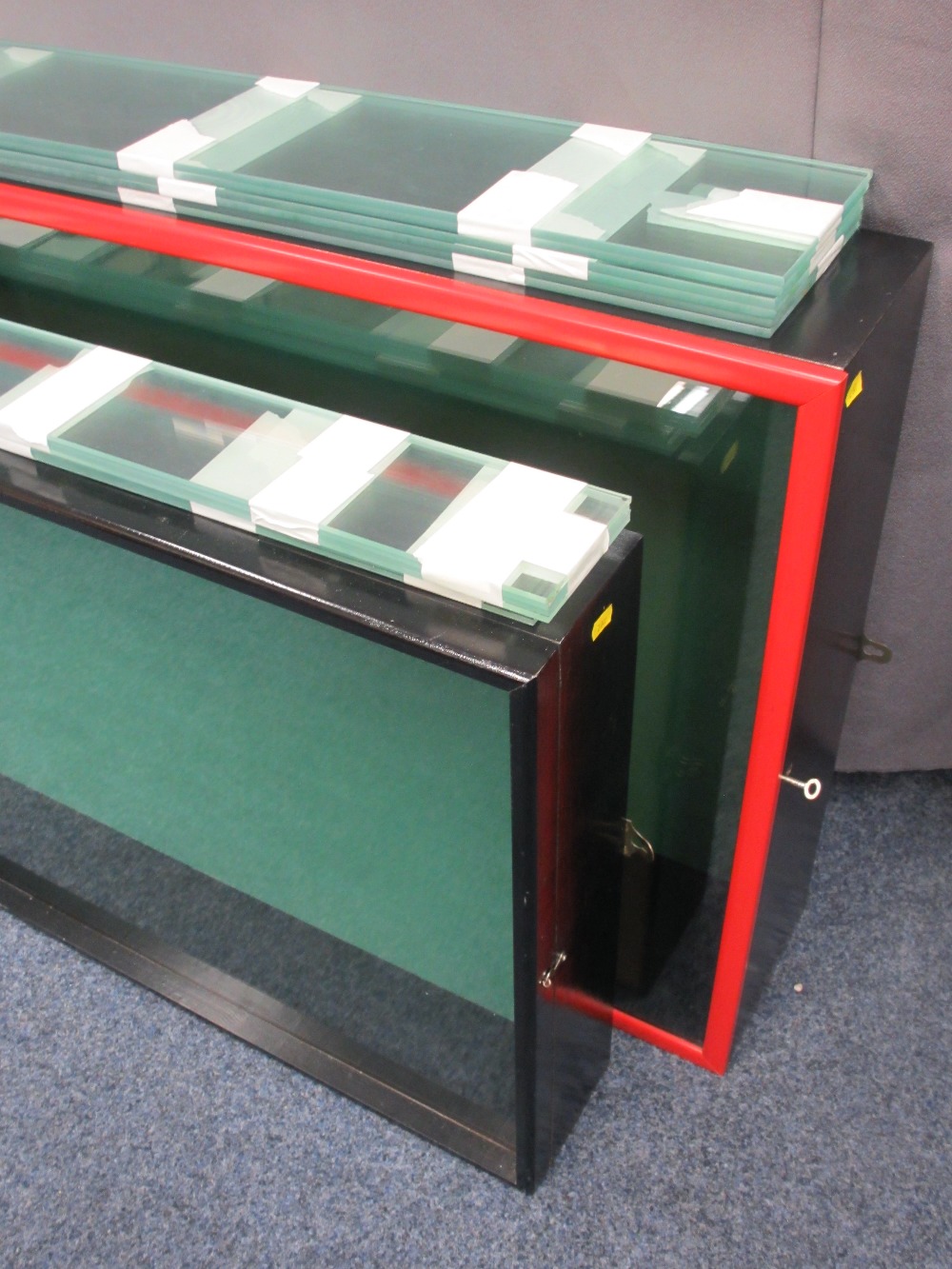 TWO MODERN WALL MOUNT DISPLAY CASES with glass shelving and a three drawer wheeled office chest, - Image 2 of 2