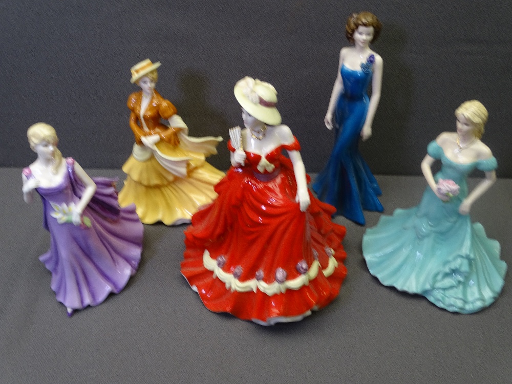 FIVE COALPORT LADY FIGURINES titled 'Sentiments Peaceful Wish', 'Classic Elegance Anniversary