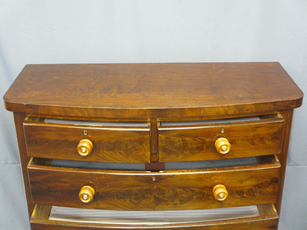 VICTORIAN MAHOGANY BOW FRONT CHEST of two short over three long drawers, all having turned wooden - Image 3 of 3