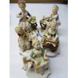 FIVE CONTINENTAL PORCELAIN SEATED LADY FIGURINES