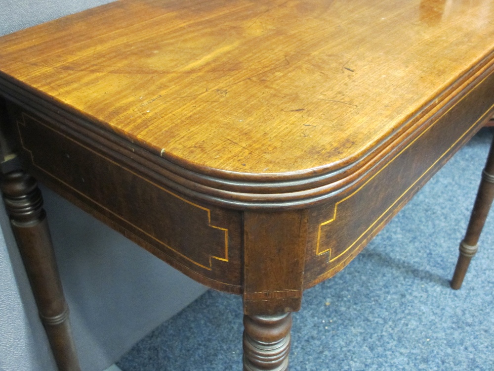 REGENCY MAHOGANY FOLD-OVER TEA TABLE with boxwood string decoration on turned tapering supports, - Image 3 of 3