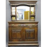 OAK MIRROR BACK SIDEBOARD with carved panel detail and Art Nouveau drawer handles, 186cms H,