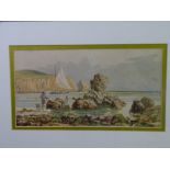 M H FRESHWATE watercolour - cliffside view with sailboat and beachcombers to the foreground, 17 x