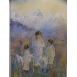 BIM (BERYL MARY) GIARDELLI watercolour - three children with two sheep on a landscape with snowy