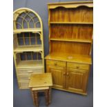 NEAT REPRODUCTION PINE DRESSER, bamboo storage rack and two occasional tables