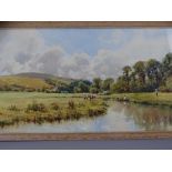 H MOXON COOK watercolour - countryside river scene with cattle and women to the foreground, 27.5 x