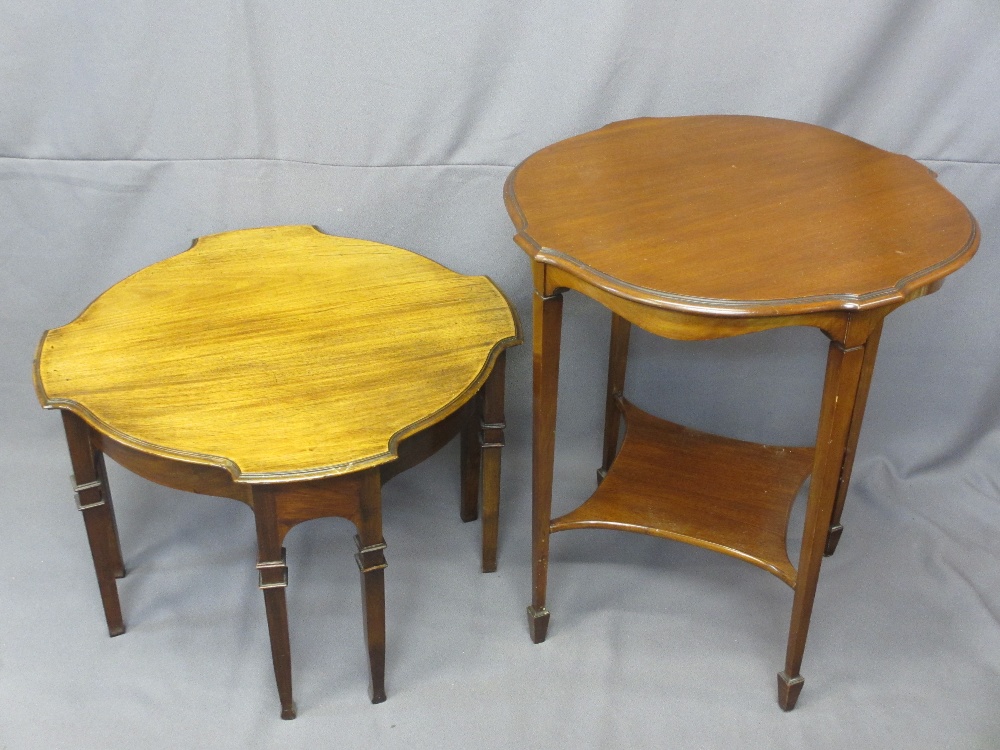 TWO CIRCA 1910 SHAPED TOP SIDE TABLES including a multi-leg example, 46cms H, 68.5cms W and a two-