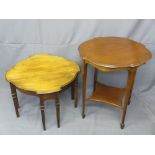 TWO CIRCA 1910 SHAPED TOP SIDE TABLES including a multi-leg example, 46cms H, 68.5cms W and a two-