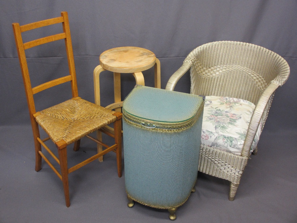 WICKER & OTHER OCCASIONAL FURNITURE, four items including a painted armchair, lidded linen box, rush