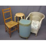 WICKER & OTHER OCCASIONAL FURNITURE, four items including a painted armchair, lidded linen box, rush