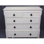 VICTORIAN PAINTED CHEST of two short over three long drawers having turned ebonized knobs with