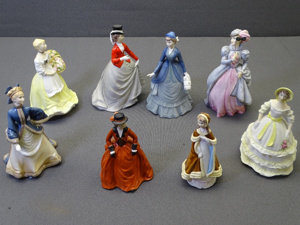 EIGHT ROYAL WORCESTER LADY FIGURINES titled 'Equestrianne', 'Autumn Song', 'Spring Fayre', '