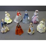 EIGHT ROYAL WORCESTER LADY FIGURINES titled 'Equestrianne', 'Autumn Song', 'Spring Fayre', '