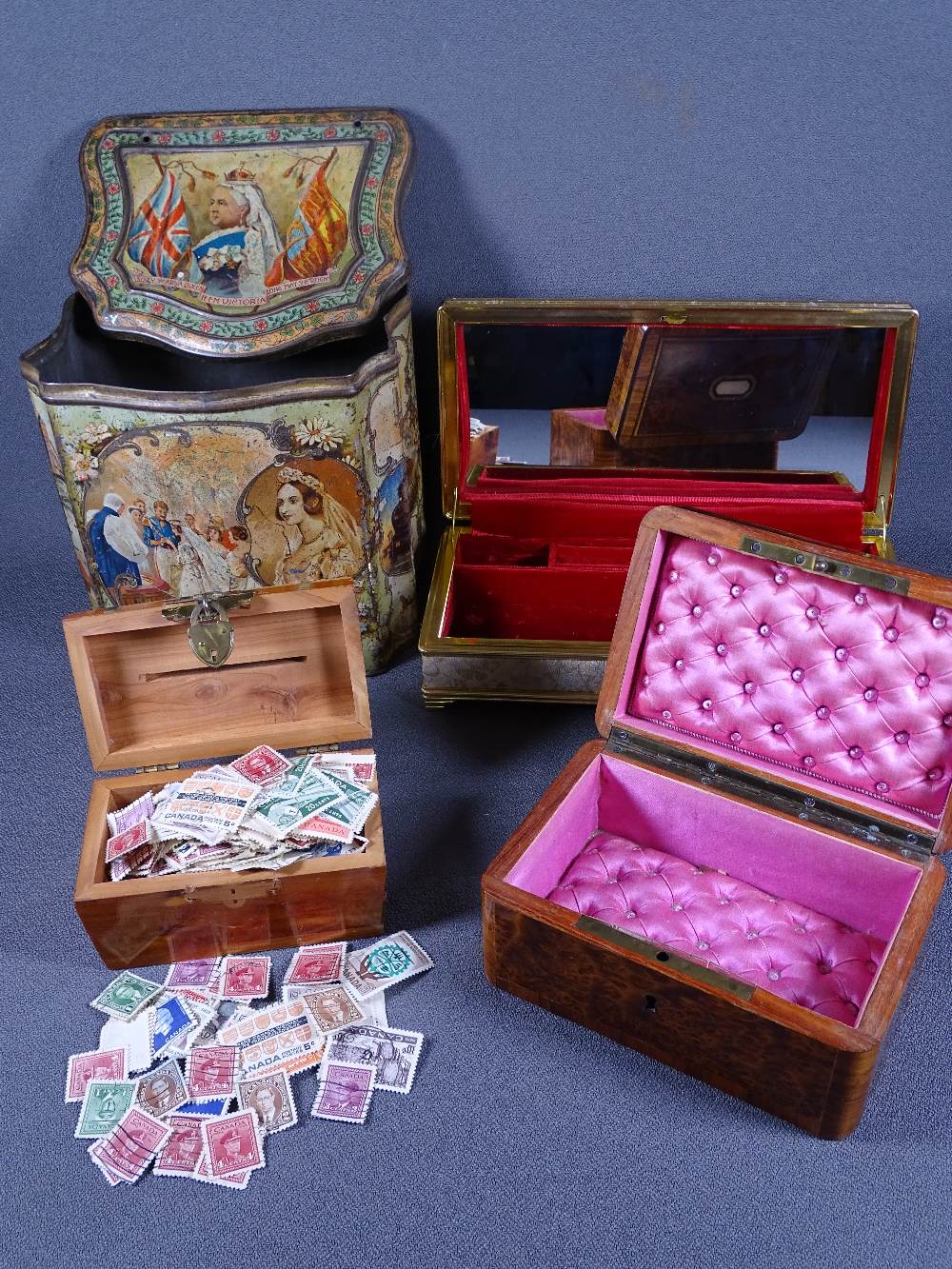 VINTAGE BOXES & TINS including a Victorian burr walnut example with pink satin interior, a