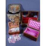 VINTAGE BOXES & TINS including a Victorian burr walnut example with pink satin interior, a