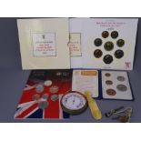 MIXED GROUP OF COINS & COLLECTABLES to include a base metal pocket barometer made in London with