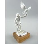 SILVER MINIATURE FIGURE "THE FALCONER" limited edition 85/1000 on wooden plinth. Silver jubilee mark