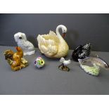 POTTERY SWAN PLANTER with other bird and animal figurines