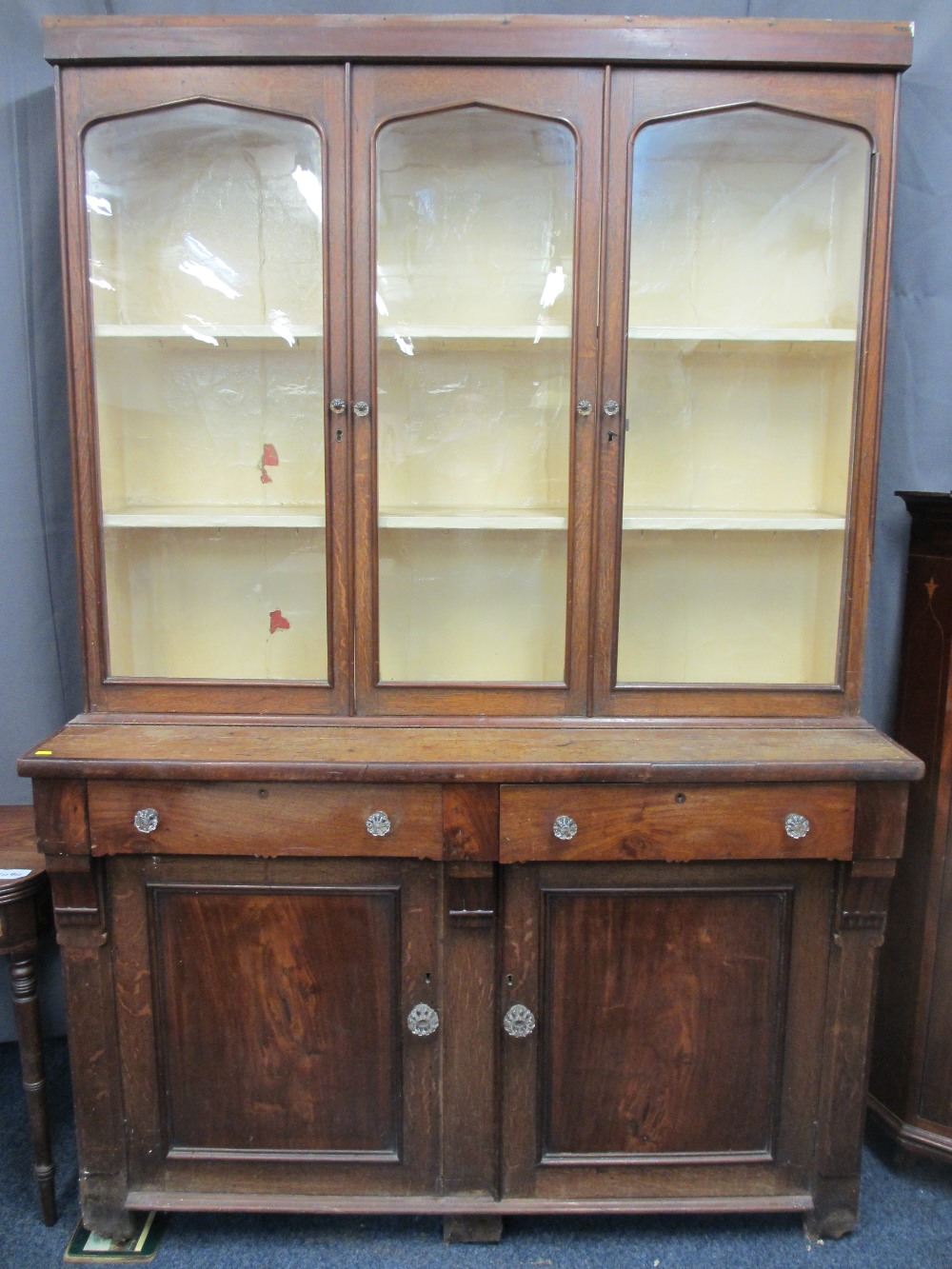 VICTORIAN OAK & MAHOGANY CWPWRDD GWYDIR twin upper doors and central panel, glazed with painted