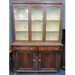 VICTORIAN OAK & MAHOGANY CWPWRDD GWYDIR twin upper doors and central panel, glazed with painted