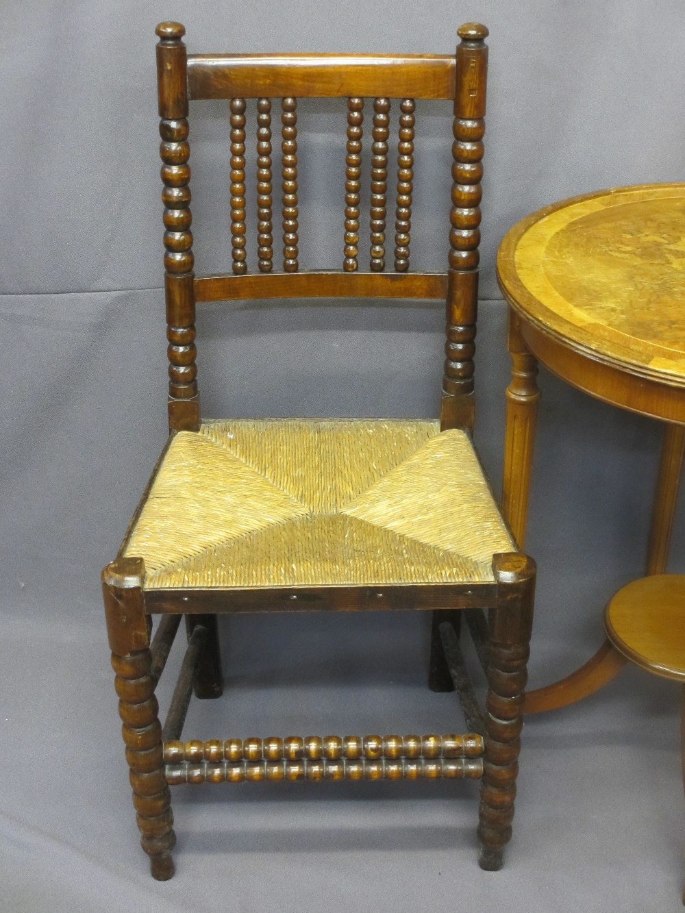 FOUR VINTAGE FURNITURE ITEMS including a circular top two-tier walnut side table, an oak barley - Image 2 of 5