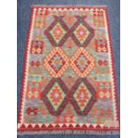 CHOBI KILIM RUG - vibrant colours with repeating central diamond pattern and block border, 123 x