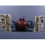 YIXING CLAY LOTUS TEAPOT and four carved and stained bone figures of oriental deities