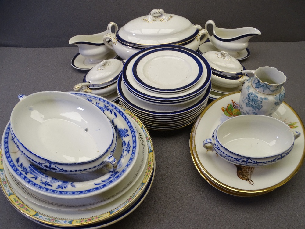 BLUE & WHITE DINNERWARE with tureens and bird decorated meat platters, two plastic crates