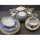 BLUE & WHITE DINNERWARE with tureens and bird decorated meat platters, two plastic crates