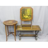 THREE OCCASIONAL FURNITURE ITEMS including an inlaid mahogany octagonal top table circa 1910, an oak