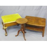 BALL & CLAW BOX SEAT PIANO STOOL, two-tier coffee table and a vintage mahogany tripod wine table