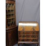 FIGURED MAHOGANY FALL-FRONT BUREAU and a reproduction glass top corner cabinet, 98cms H, 79cms max