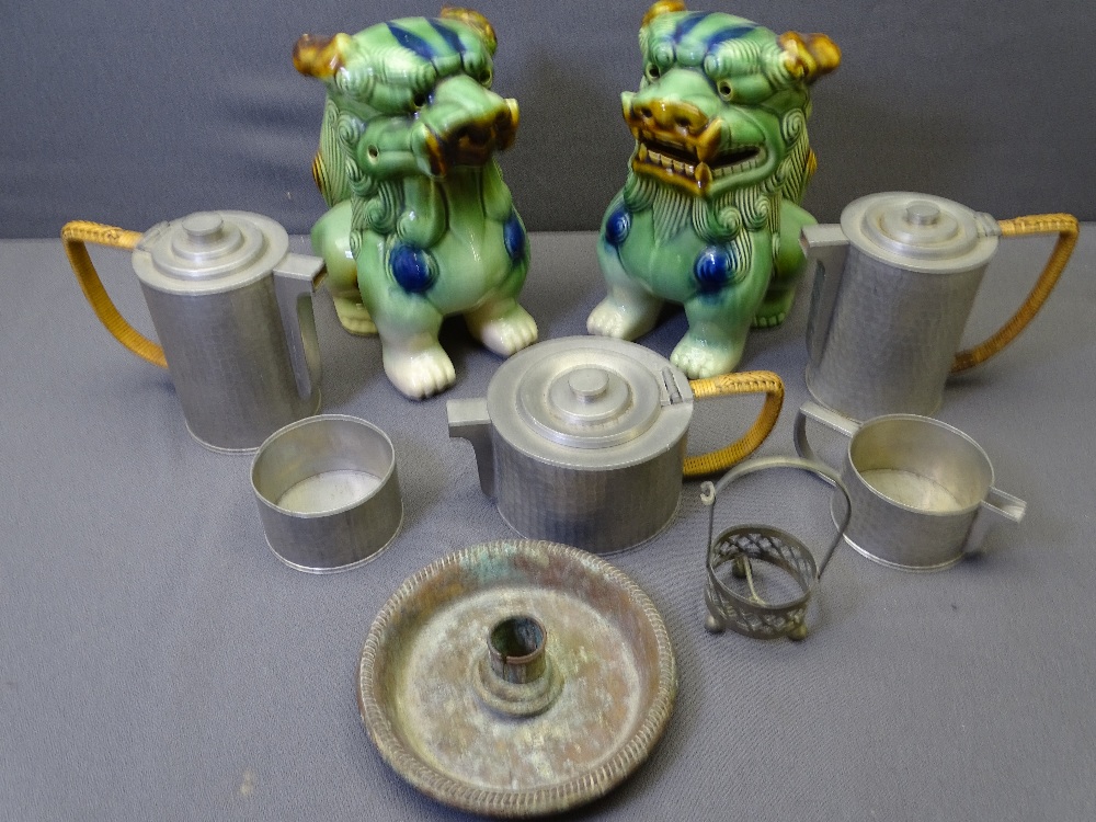 BEATEN PEWTER TEASET and a pair of Chinese pottery temple style dogs