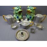 BEATEN PEWTER TEASET and a pair of Chinese pottery temple style dogs