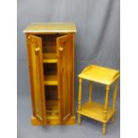 REPRODUCTION PINE TWO DOOR STORAGE CABINET and a lightwood two-tier side table, various