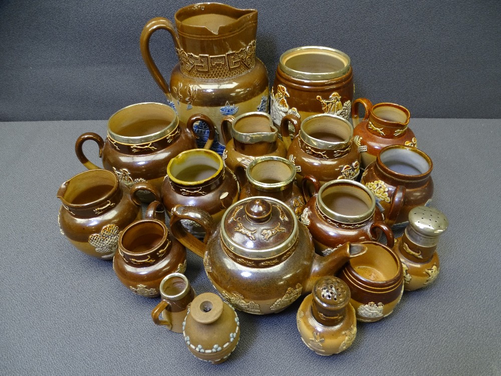 DOULTON LAMBETH STONEWARE JUGS, jars and miniatures, a collection, many having hallmarked silver