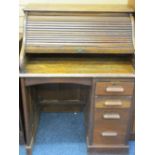 NEATLY PROPORTIONED OAK ROLL-TOP DESK, 118cms overall H, 91cms W, 68cms D