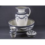 WEDGWOOD ATHENS FOUR PIECE WASH SET of jug and bowl, soap pot and toothbrush holder