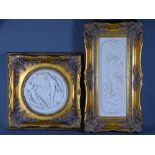 TWO GILT FRAMED MARBLE TYPE PLAQUES, 30 x 31cms and 43 x 22.5cms overall measurements