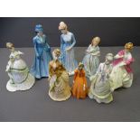 EIGHT ROYAL WORCESTER LADY FIGURINES titled 'Best Wishes', '1878 The Bustle', 'First Dance' 3629, '