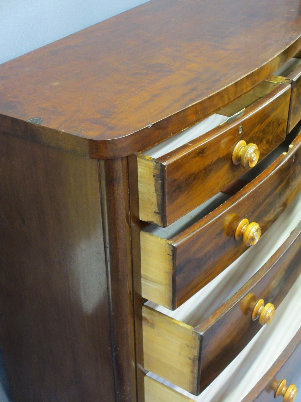 VICTORIAN MAHOGANY BOW FRONT CHEST of two short over three long drawers, all having turned wooden - Image 2 of 3