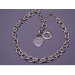 TIFFANY & CO STIRLING SILVER LONG-LENGTH BRACELET, belcher type with bar clasp and return to heart